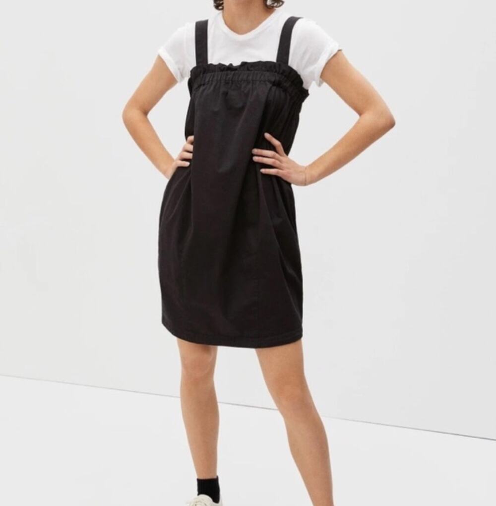 Everlane Black Cotton Poplin Cocoon Shift Dress Ruffle Neck Pockets Large